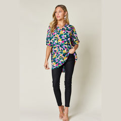 Double Take Full Size Printed V-Neck Short Sleeve Blouse