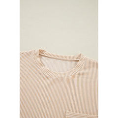 Turquoise Crinkle Rib Knit Pocketed LoS-L = OSe Fit Crew Neck T Shirt