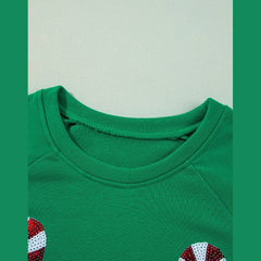 Green Christmas Candy Cane Graphic Sequins Patch Pullover Sweatshirt