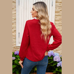 Racing Red Casual Button V Neck Long Sleeve Top