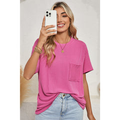 Turquoise Crinkle Rib Knit Pocketed LoS-L = OSe Fit Crew Neck T Shirt
