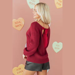 Red Dahlia Ribbed Knit Ribbon Knot Backless Drop Shoulder Sweater