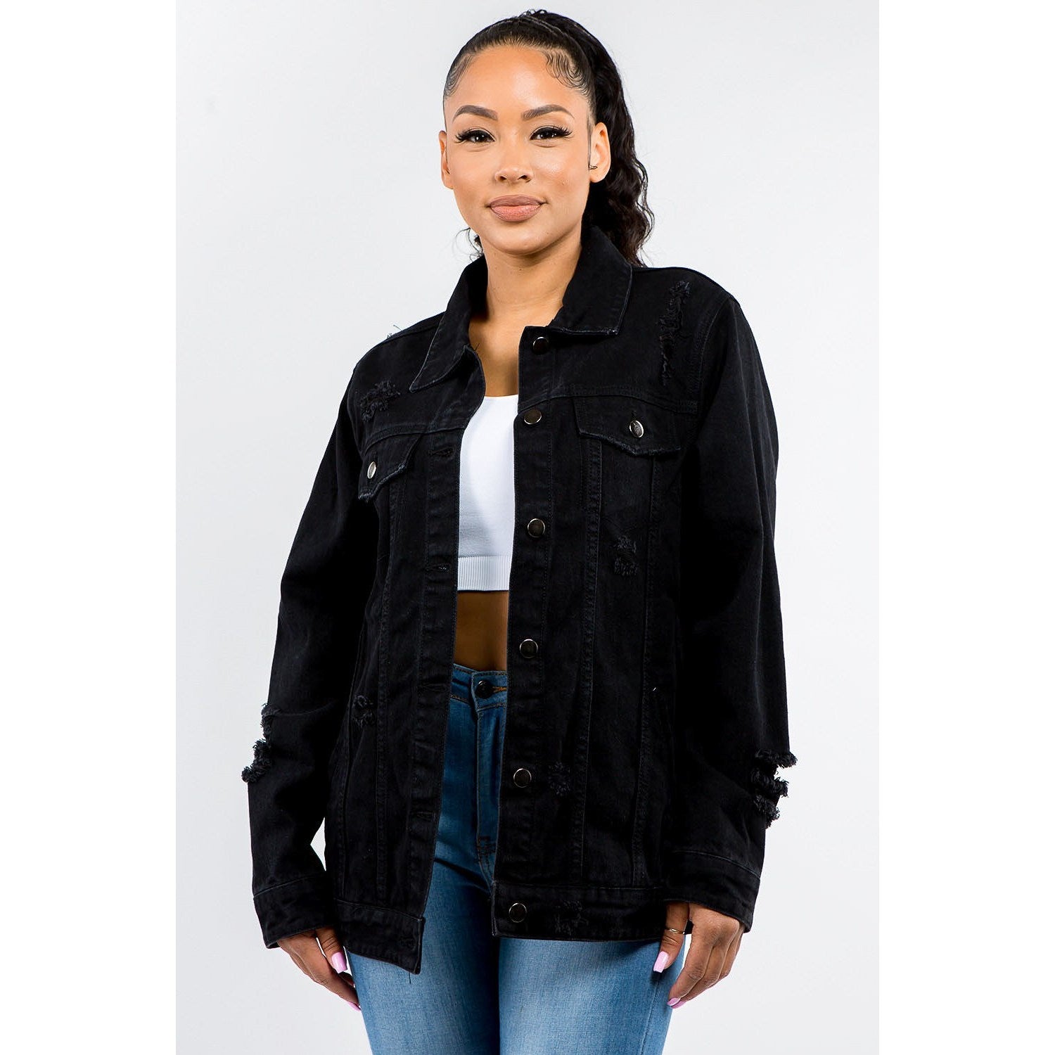 American Bazi Full Size Button Up Distressed Denim Jacket