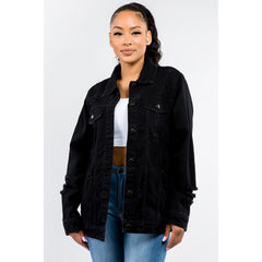 American Bazi Full Size Button Up Distressed Denim Jacket