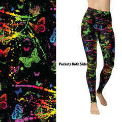 Neon Rainbow Butterfly Leggings with Pockets – Color Splash Yoga Pants – Vibrant Festival