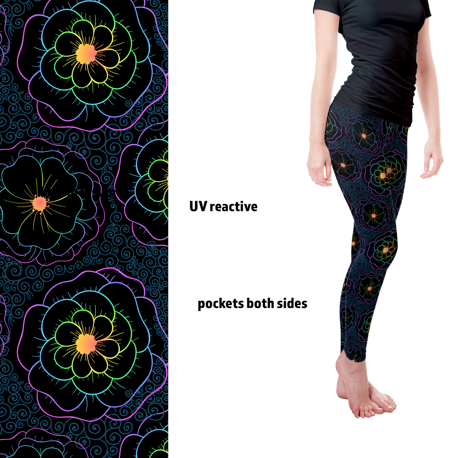 Fluorescent Glow Flowers Full Length Leggings with pockets