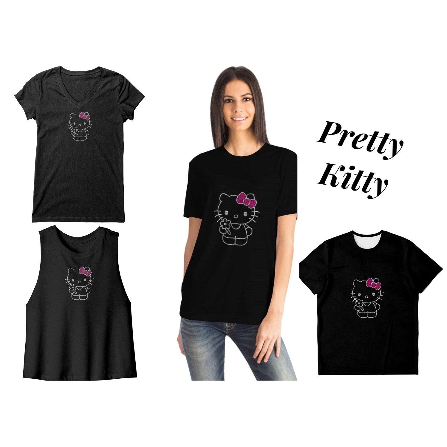 Rhinestone Pretty Kitty Tee Shirt Crew Neck, V Neck, Tank Top