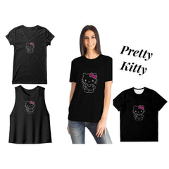Rhinestone Pretty Kitty Tee Shirt Crew Neck, V Neck, Tank Top