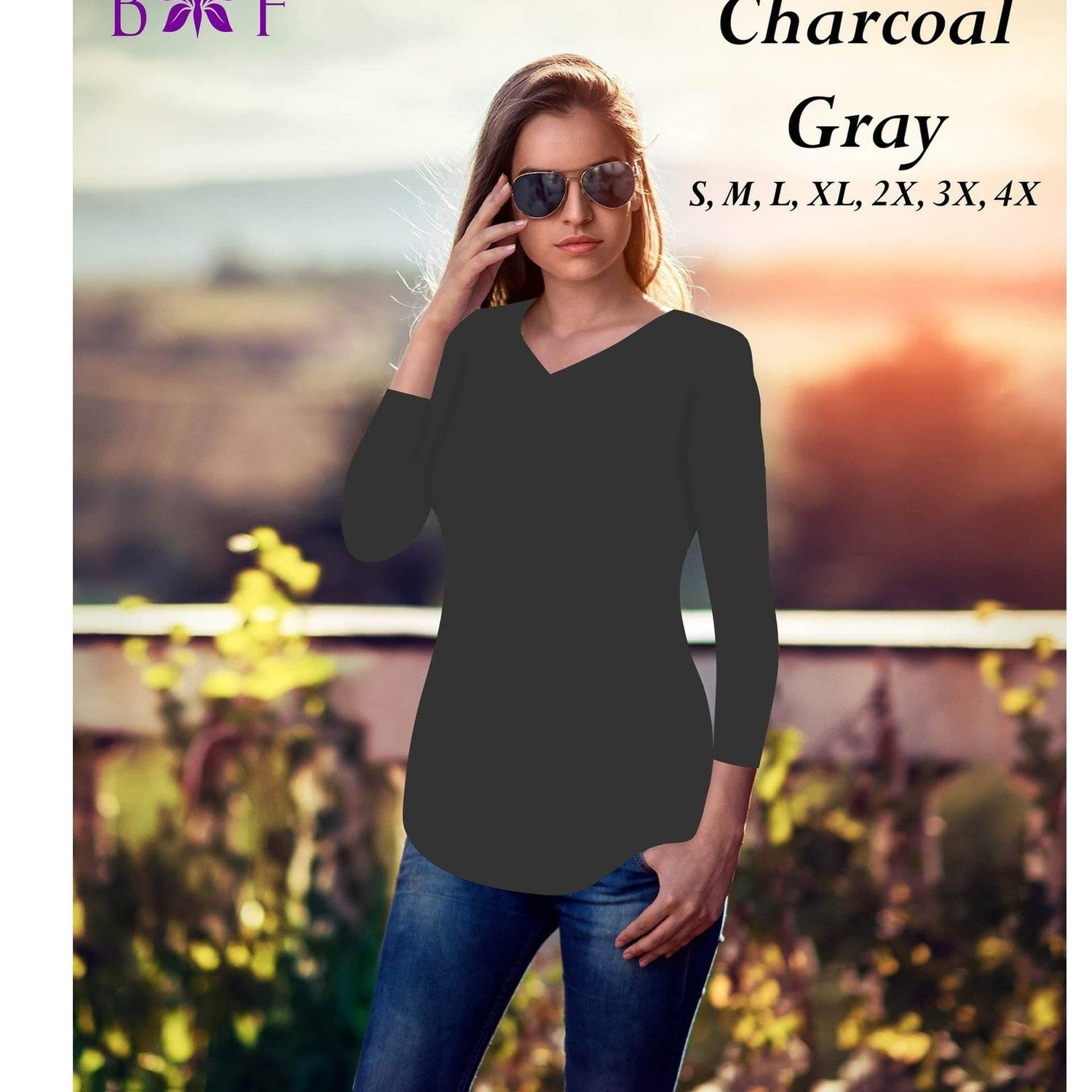Charcoal Grey v-neck and a rounded bottom