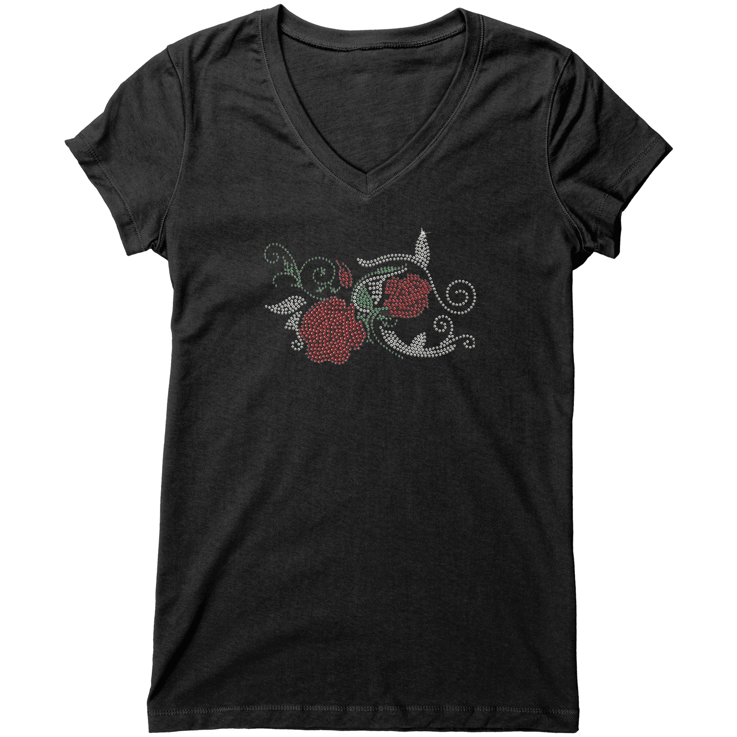 Rhinestone Red Rose Tee Shirt Crew Neck, V Neck, Tank Top