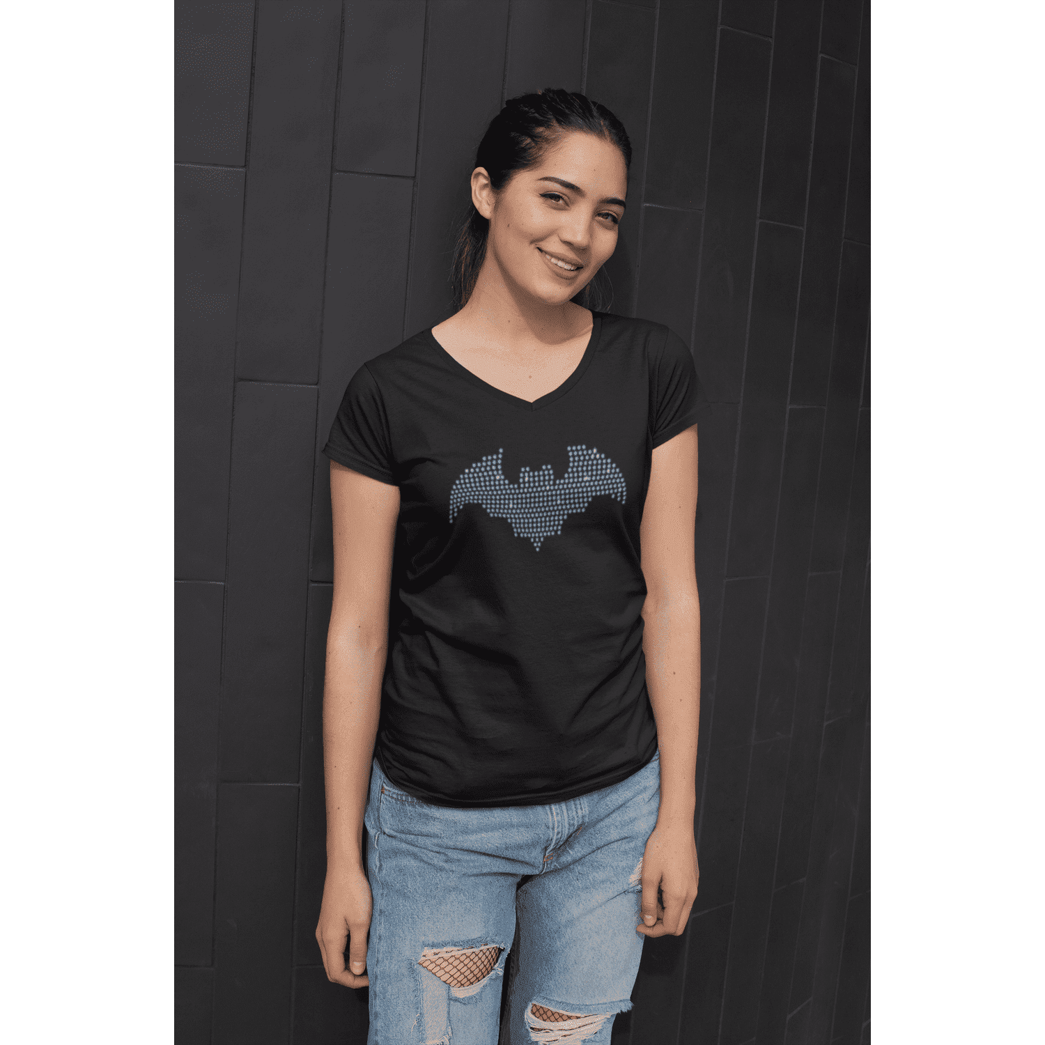 Rhinestone Bat Tee Shirt Crew Neck, V Neck, Long Sleeve