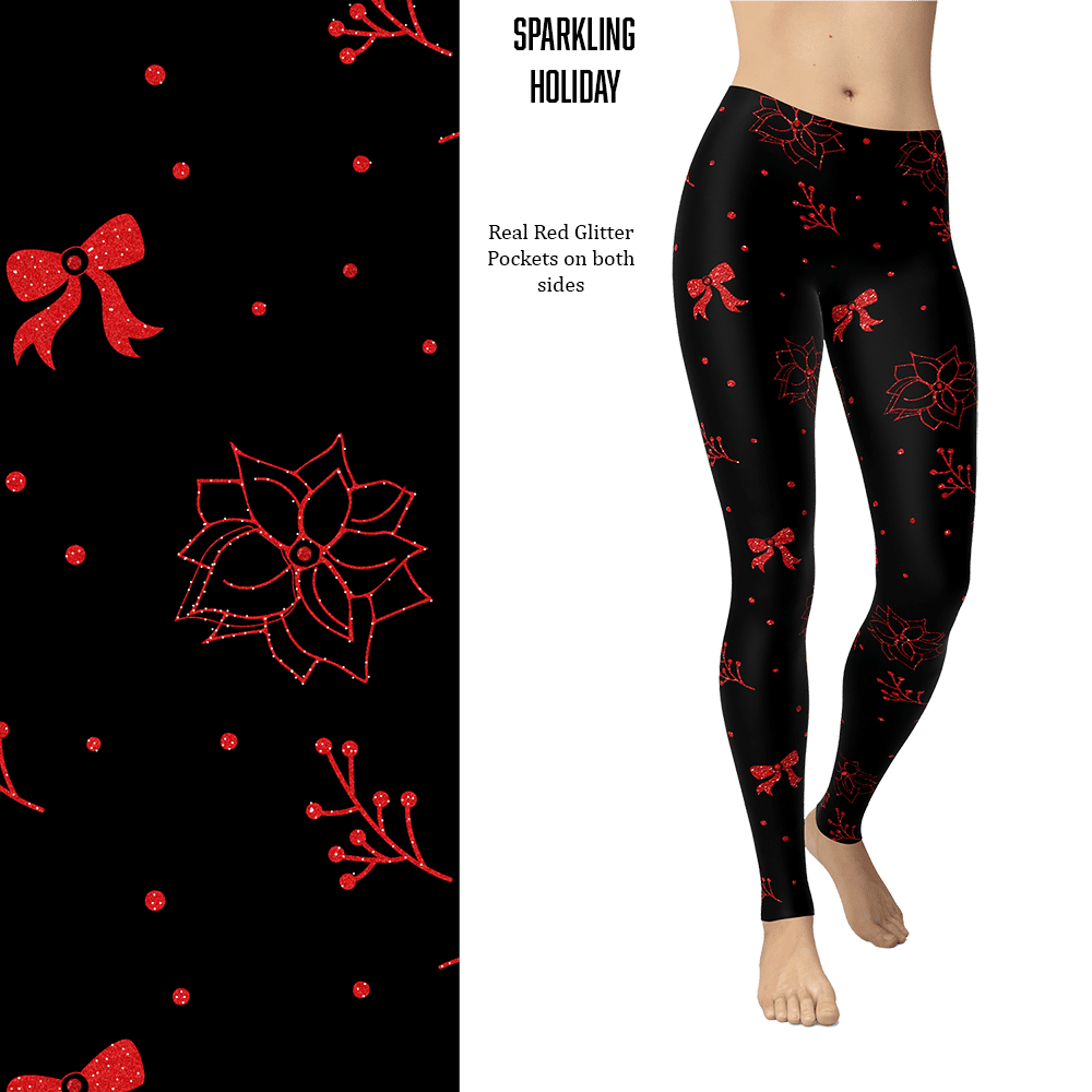 Red Glitter Poinsettia, Bow, Holiday Berry Holiday Leggings with Pockets
