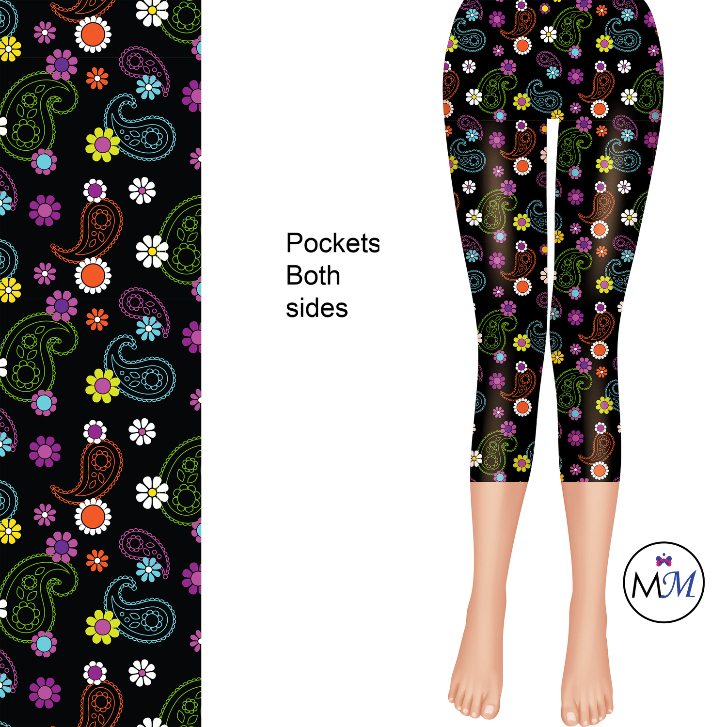 Black Paisley Colorful Capri Length Leggings with pockets