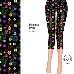Black Paisley Colorful Capri Length Leggings with pockets