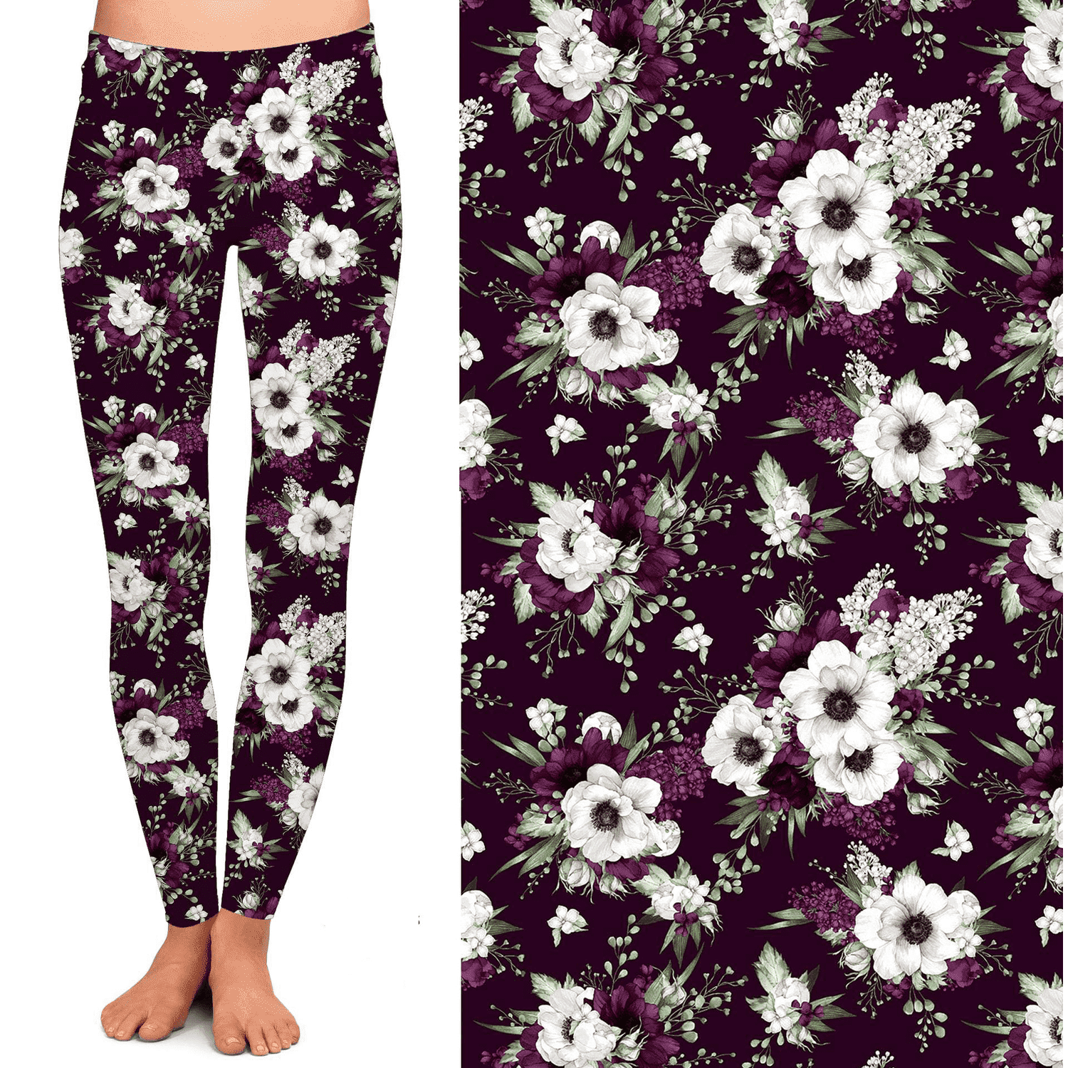 Floral Leggings Burgundy Maroon with White Flowers with Pockets