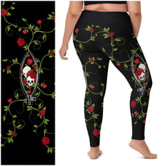 Zippered Skull with Red Roses and Vines with Pockets