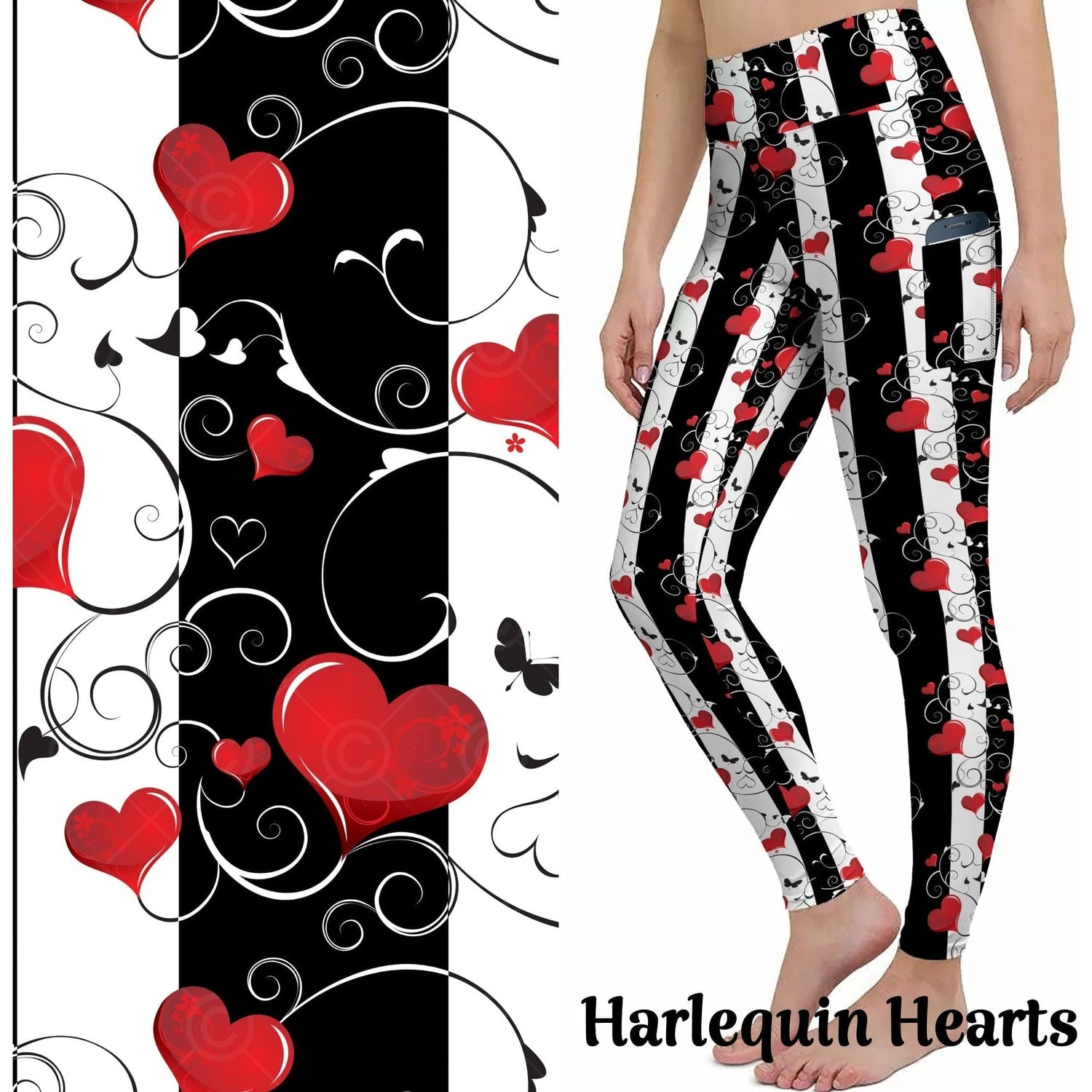 Harlequin Leggings Black White Red Heart with Pockets
