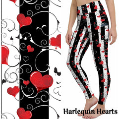 Harlequin Leggings Black White Red Heart with Pockets