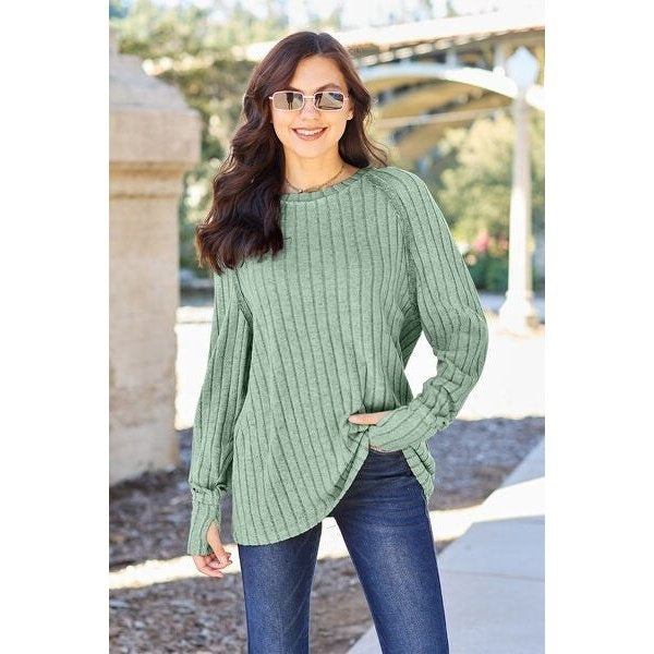 Basic Bae Full Size Ribbed Round Neck Long Sleeve Knit Top
