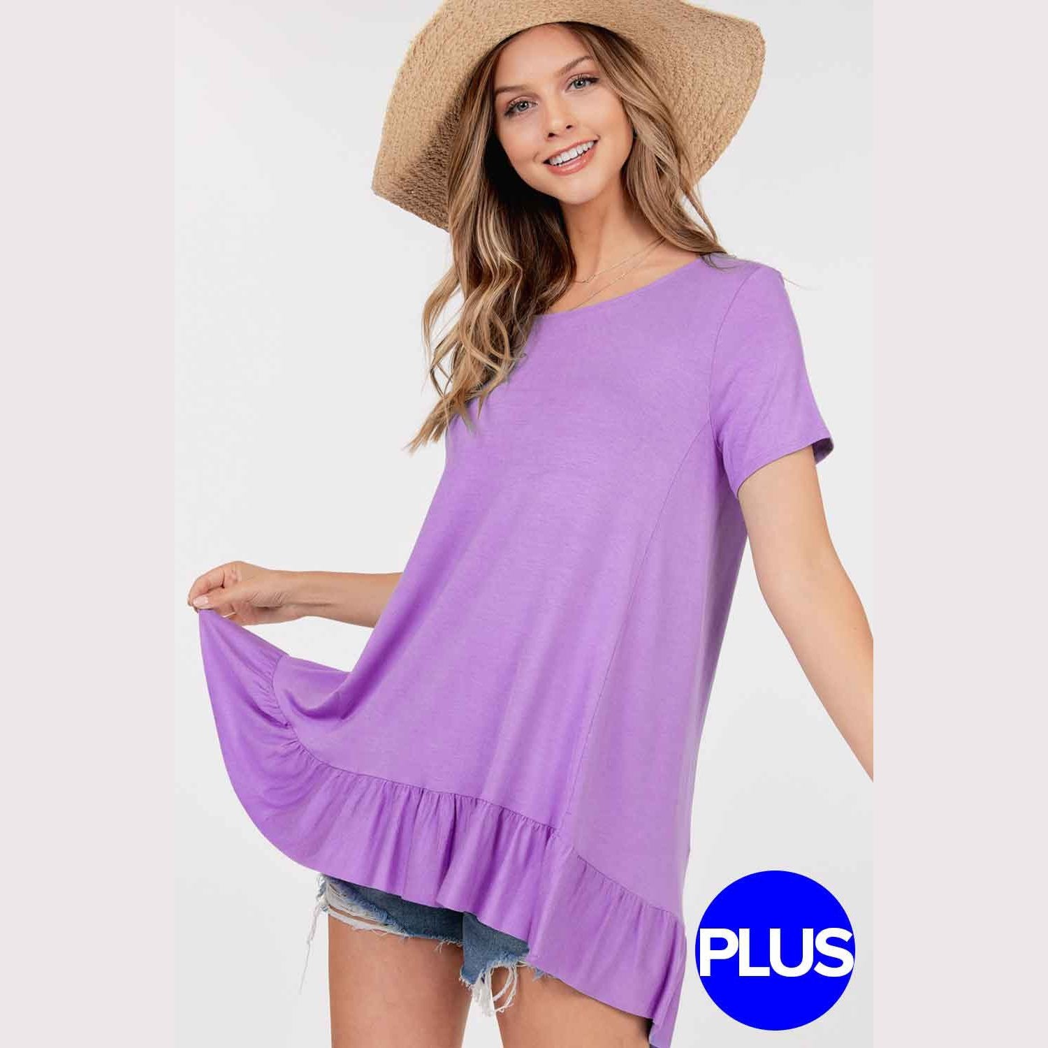 Basic Short Sleeve Round Neck Ruffle Hem Tunic Top Ultra Violet
