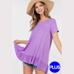 Basic Short Sleeve Round Neck Ruffle Hem Tunic Top Ultra Violet