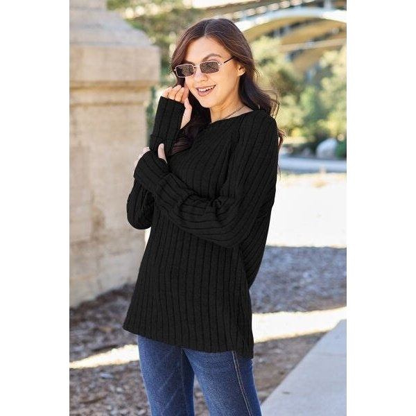 Basic Bae Full Size Ribbed Round Neck Long Sleeve Knit Top