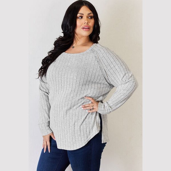 Basic Bae Full Size Ribbed Round Neck Slit T-Shirt