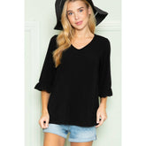 Plus Solid Black Short Sleeve Ruffle V Neck Top