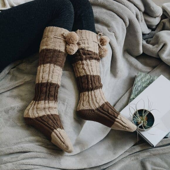 Knee High Striped Pom Pom Socks