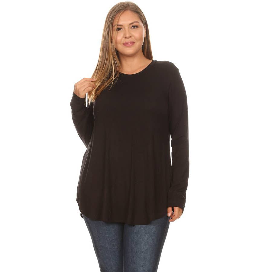 Black Plus Size Crew Neck Long Sleeve Top