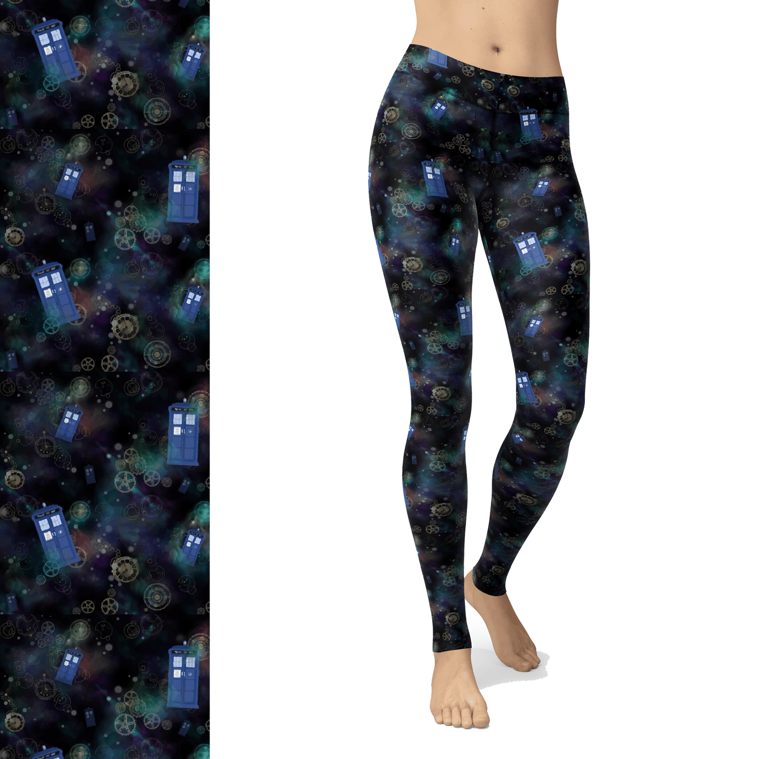 Blue Phone Booth on Black used by a Doctor Who Travels in Space Leggings with Pockets