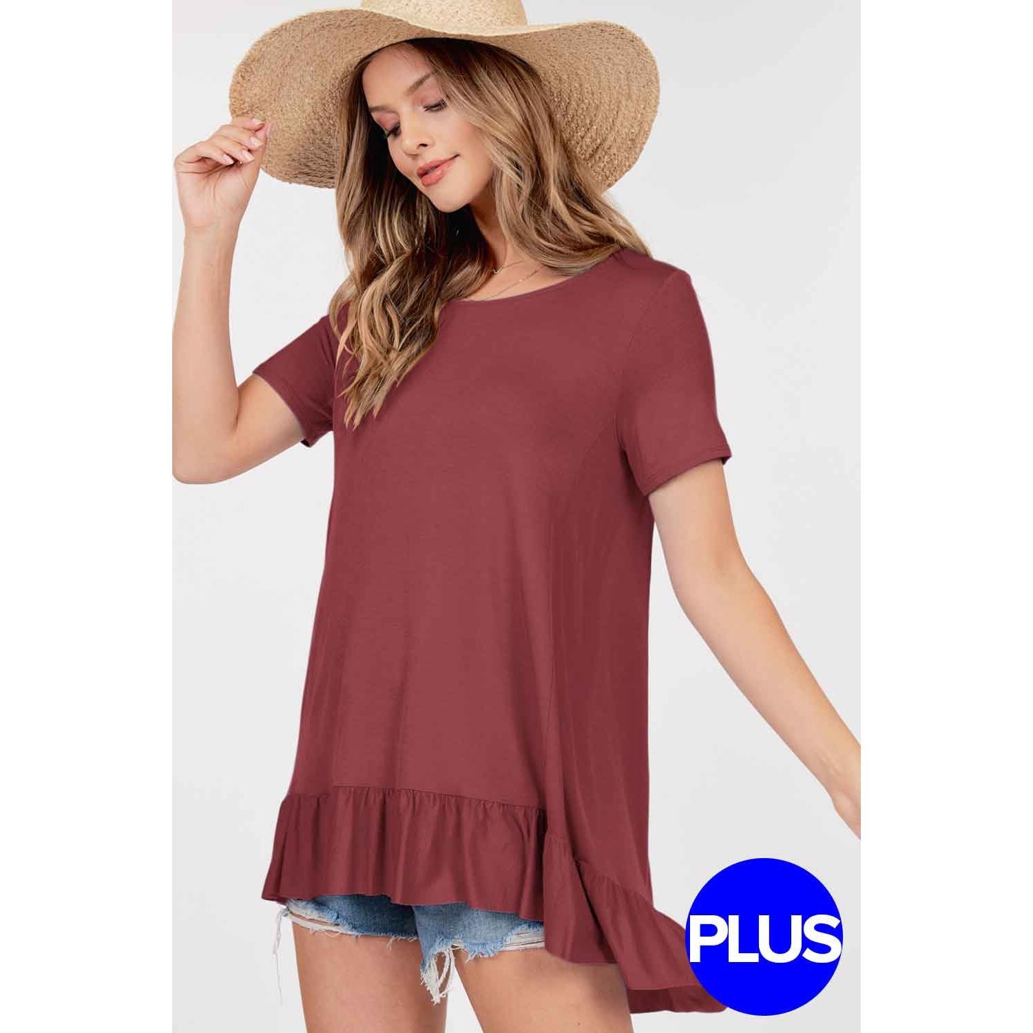 Basic Short Sleeve Round Neck Ruffle Hem Tunic Top Dark Magenta