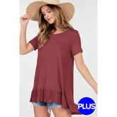 Basic Short Sleeve Round Neck Ruffle Hem Tunic Top Dark Magenta