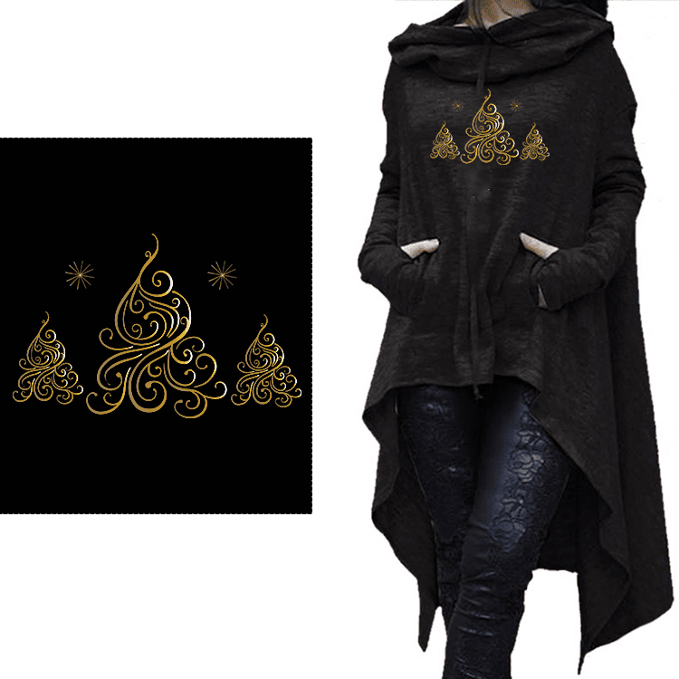 Long Hoodie Golden Trees Hi Lo Hem Faux Glitter Trees