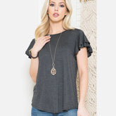 Gray Plus Solid Short Flutter Sleeve Top