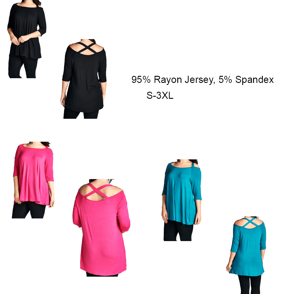 Criss Cross Back Boat Neck Tunic - Black, Pink, Blue, Sage, Mauve