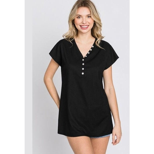 Heimish Full Size Front Button V-Neck Short Sleeve T-Shirt