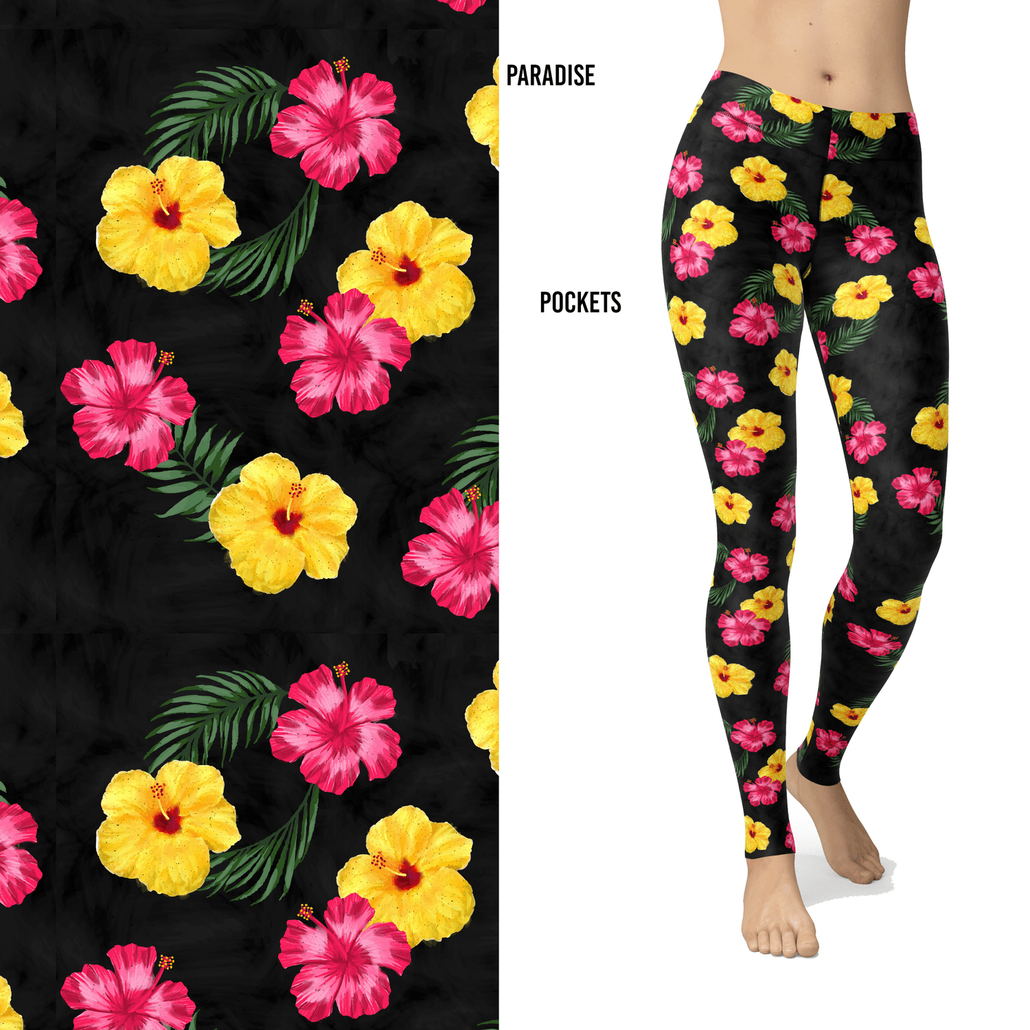 Paradise Hawaiian Hibiscus Pink Yellow Leggings with Pockets