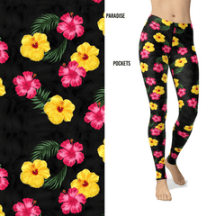Paradise Hawaiian Hibiscus Pink Yellow Leggings with Pockets