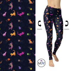Paisley Kitty Cat Leggings available in Full Length on Blue Paw Background Pockets