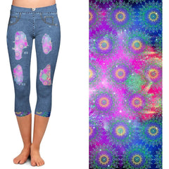 Jean Printed Leggings with faux Mandala Patches in Capri with Pockets