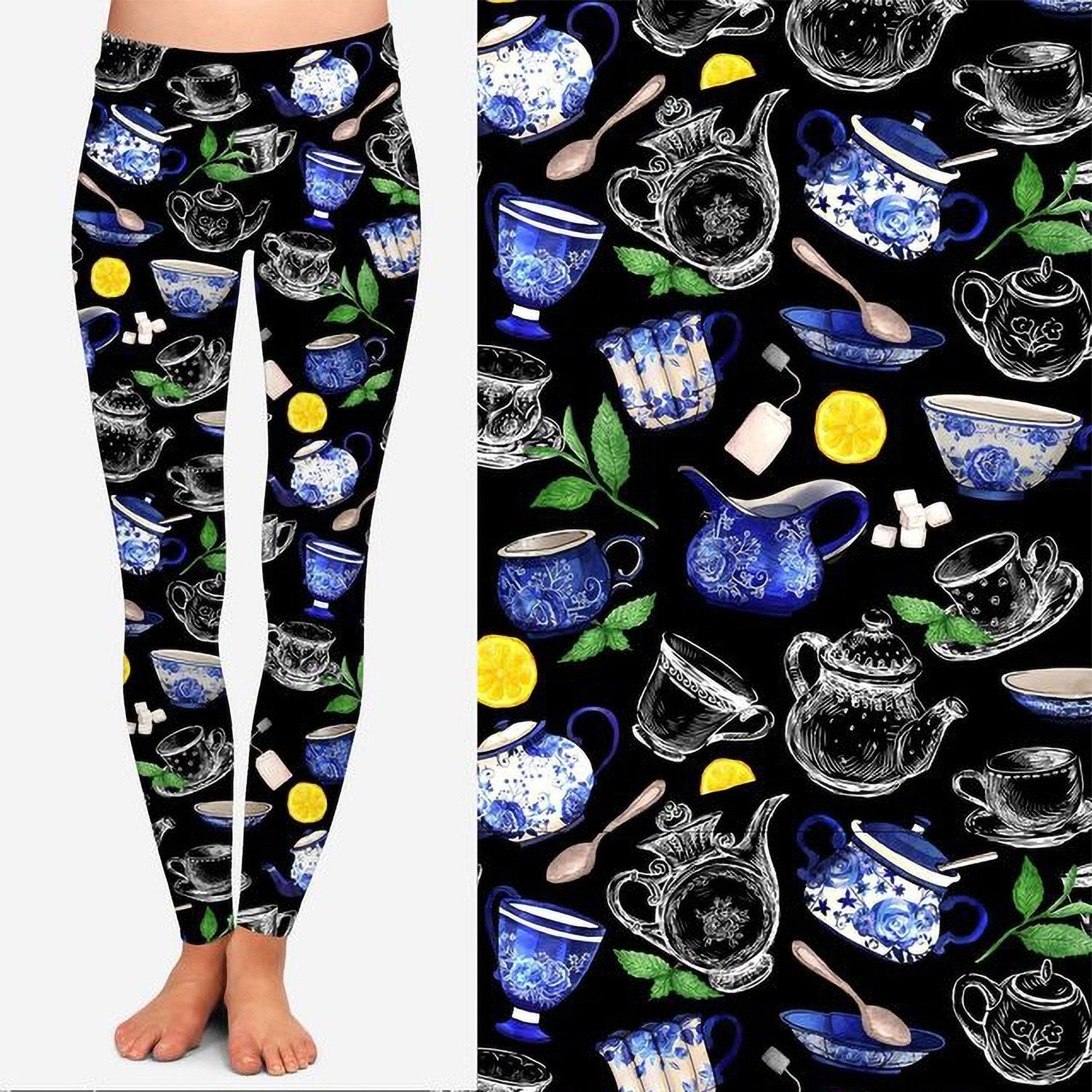 Tea Cups Leggings, Tea pot, and Tea Leaf Themed Leggings