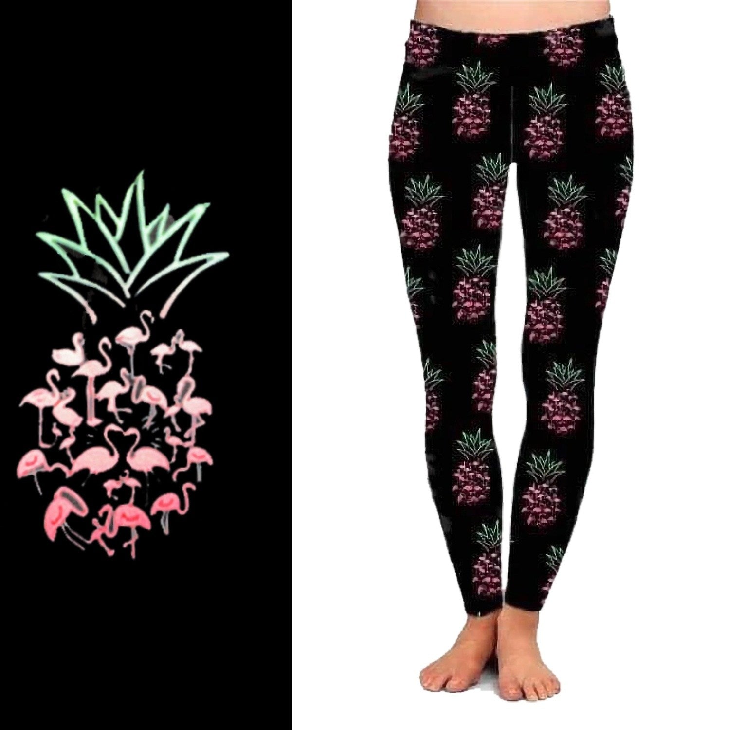 Pink Flamingo Pineapple Tropical Leggings in with Pockets