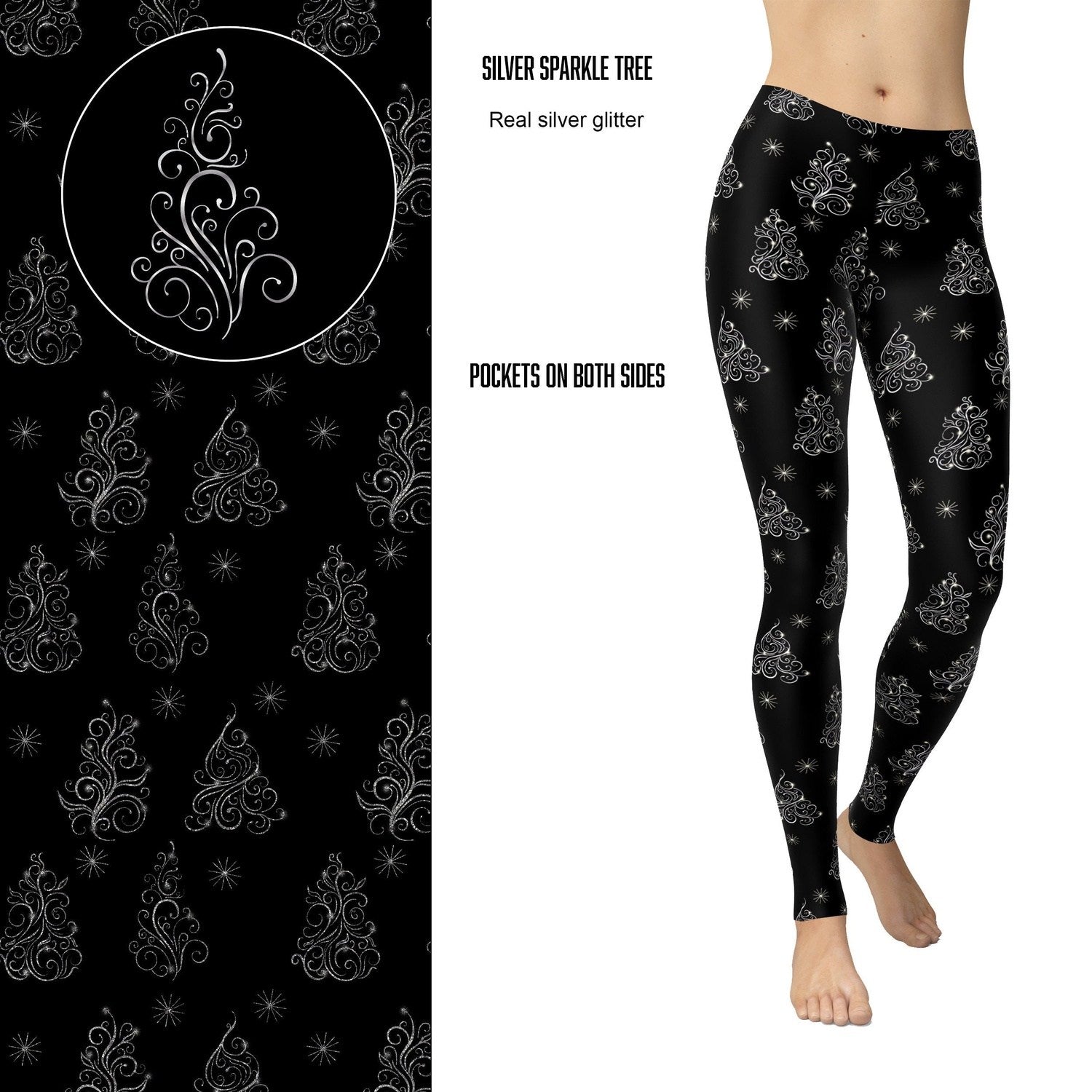 Christmas Tree Glitter Leggings with Pockets and Heat Sealed Real Silver Glitter - Ready to Ship