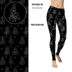 Christmas Tree Glitter Leggings with Pockets and Heat Sealed Real Silver Glitter - Ready to Ship