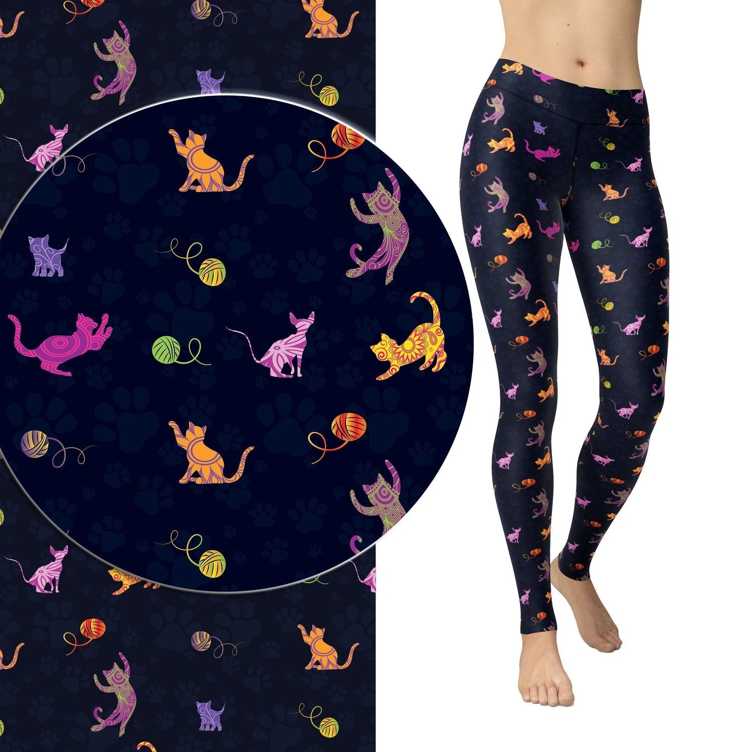 Paisley Kitty Cat Leggings available in Full Length on Blue Paw Background Pockets