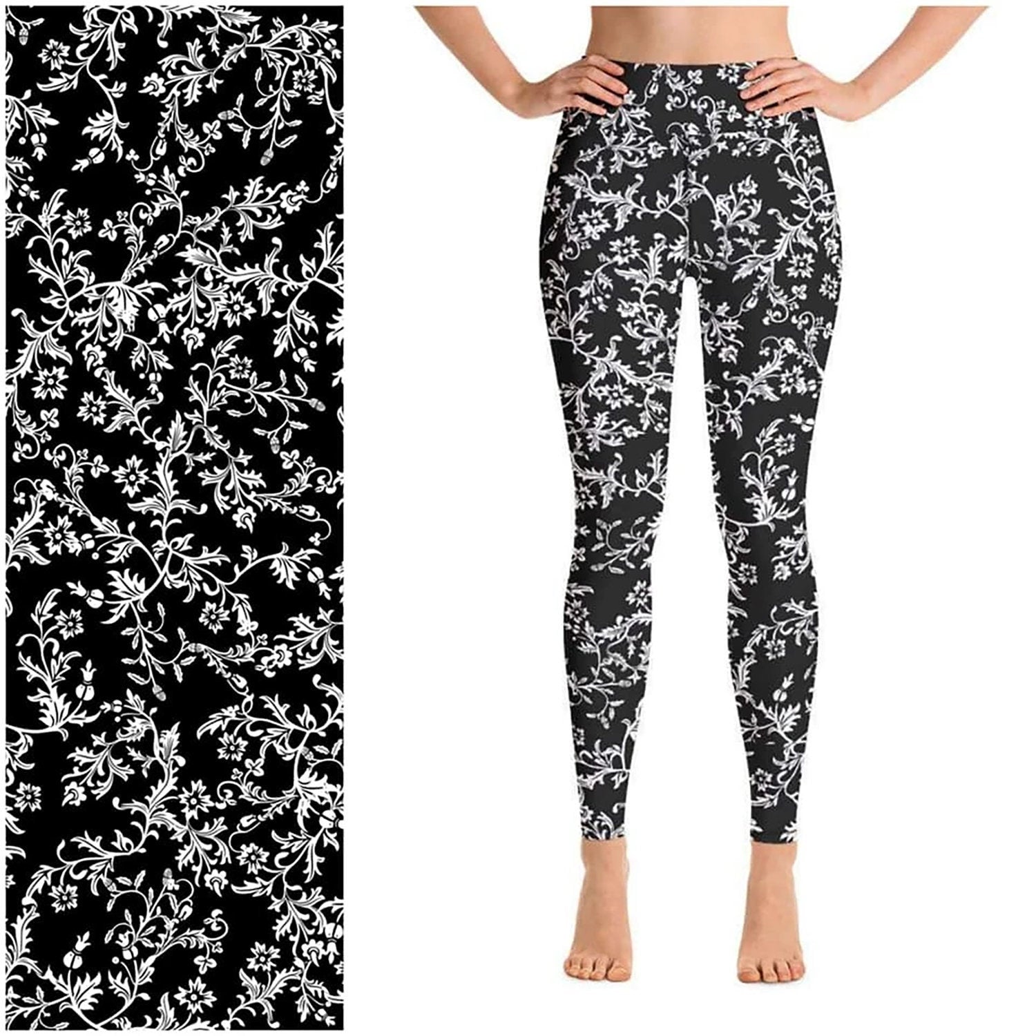 Black White Leggings White Vines on Black
