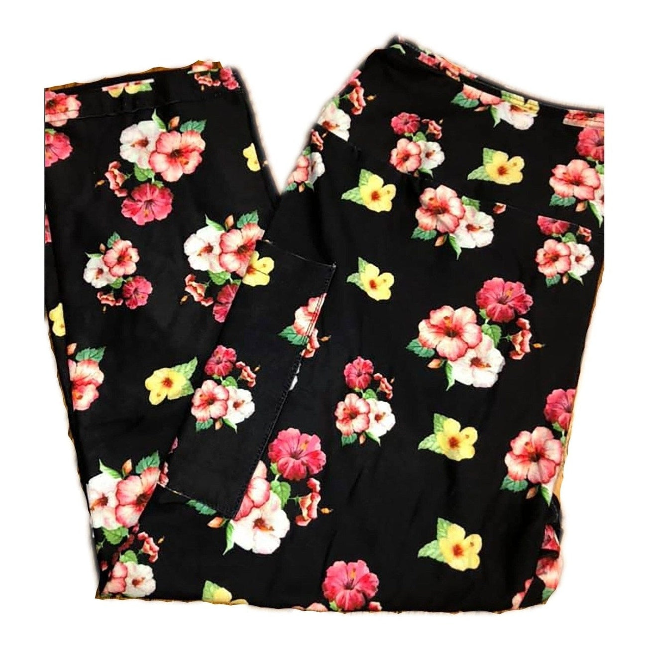 Rose Leggings with Yellow, and Pink Roses on Black Background with Pockets