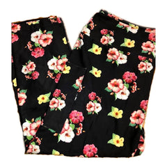 Rose Leggings Capri with Yellow, and Pink Roses on Black Background with Pockets