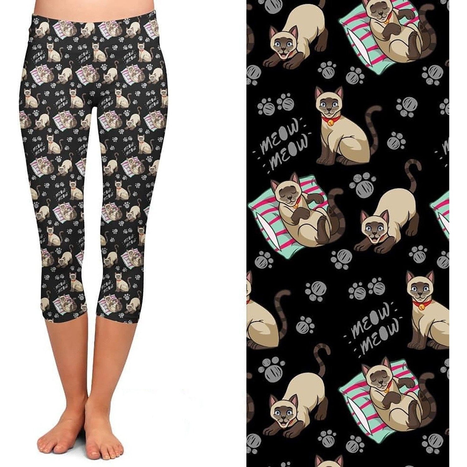 Siamese Cat Leggings Meow Kitty Cats Capri Black with Pockets
